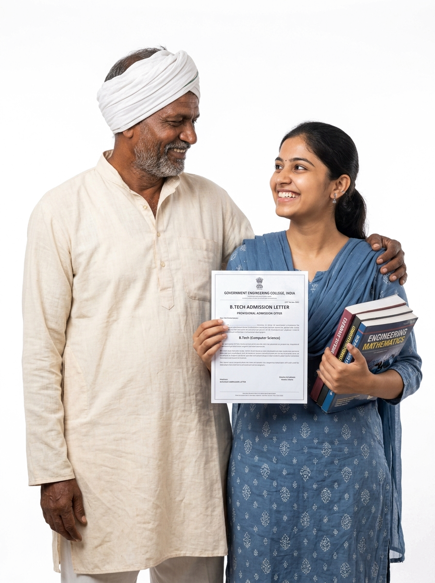 Indian farmer and daughter celebrating B.Tech admission with scholarship